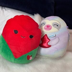 Kellytoy Red and Green Heart Rose Plush & Pastel Sloth Squishmallow NWT
